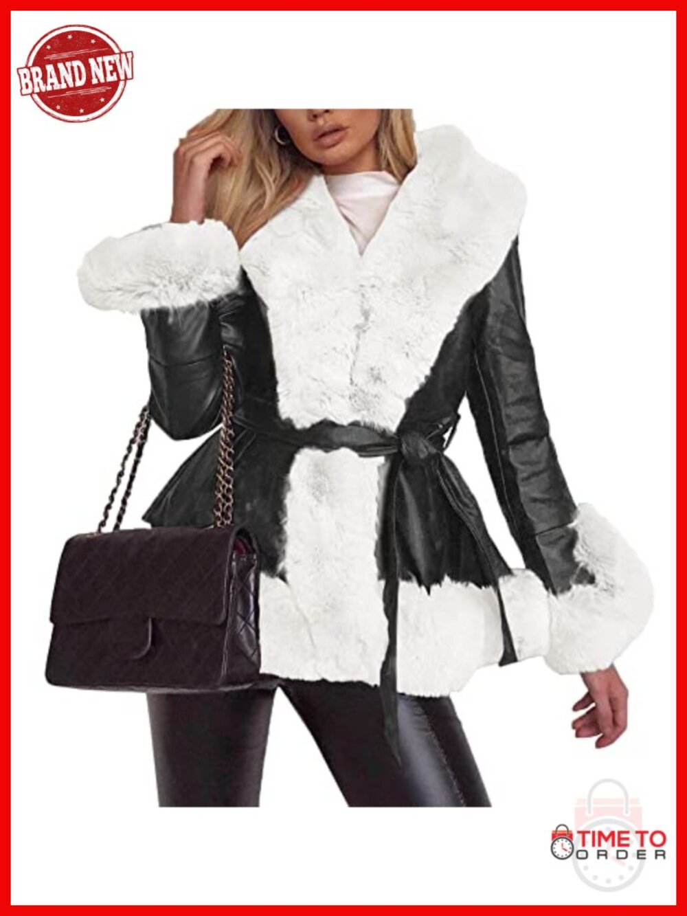 Faux Leather Faux Fur Collar Trench Coat Belted Winter Jacket
